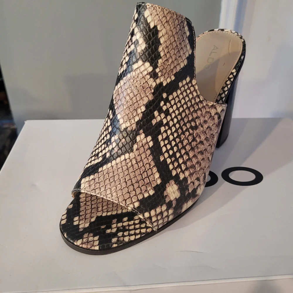 Aldo Taupe and Black Snake-Print Block Heel Mule - Picture 2 of 3